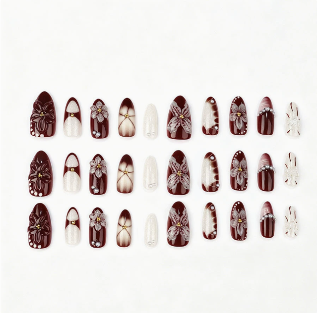 Burgundy Lily Sparkle press-on nails set
