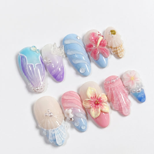 Mermaid Shells press-on nails full set layout