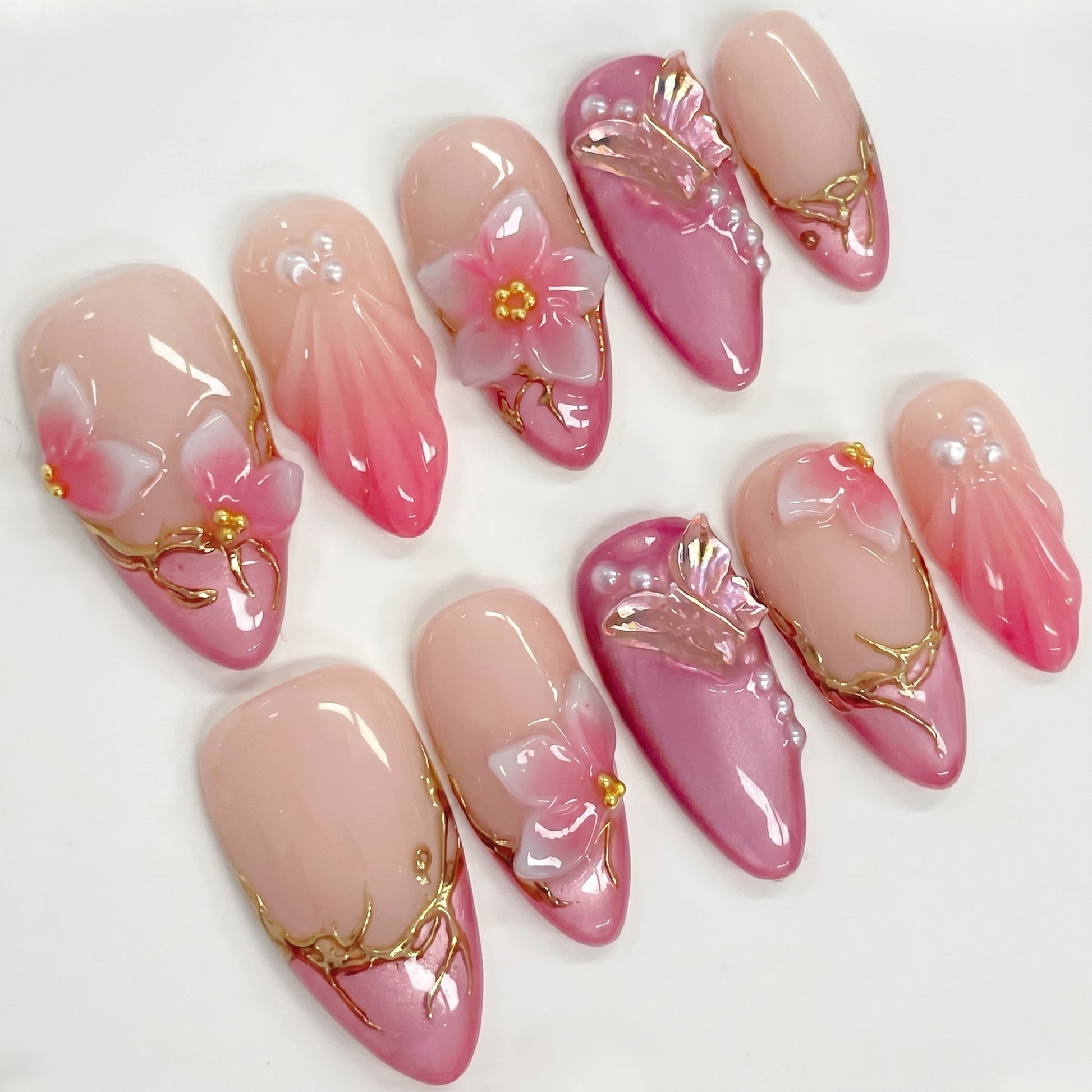 Fuchsia Flight press-on nails full set layout