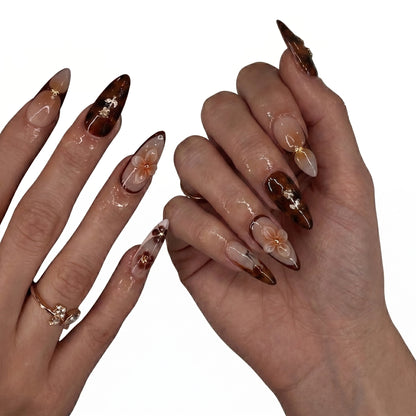 Amber Flora — Brown Flower Press-On Nails